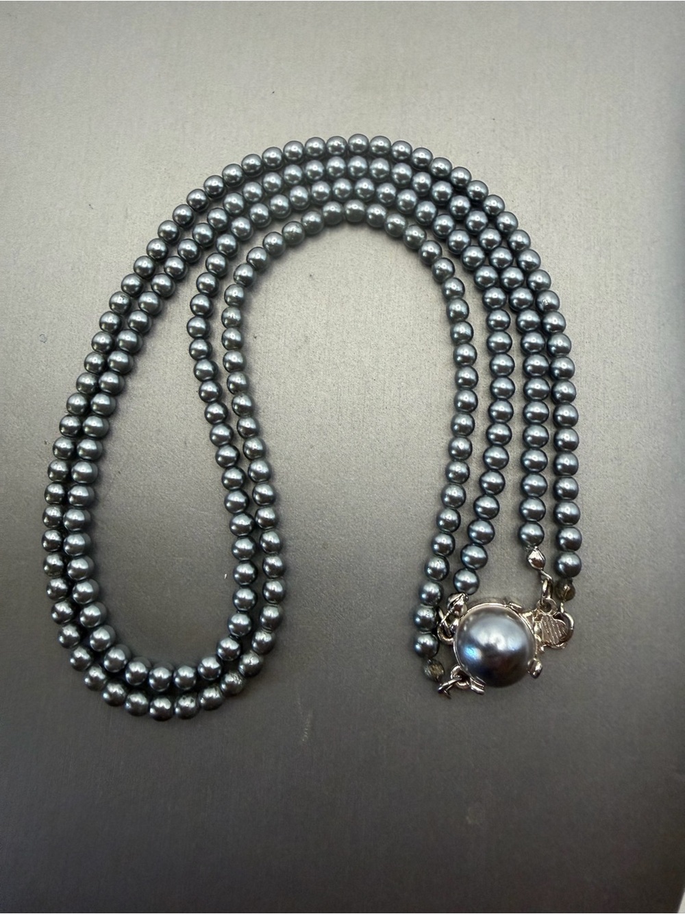 Classic Faux Grey Pearl Bead Necklace 15” with Large Bead Clasp Vintage